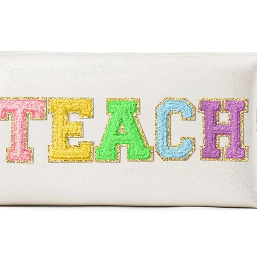 NEW TEACH Letter Makeup Bag Colorful TEACHER Chenille Letter Patch Cosmetic Bag White - Image 3