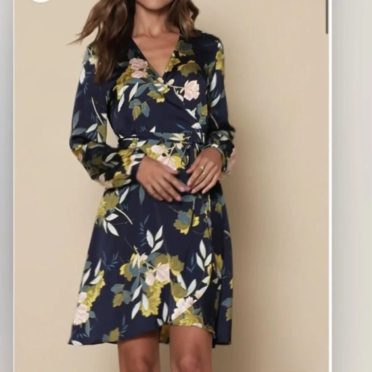 NWT Lulus Love is Life Navy Blue Floral Satin Long Sleeve Wrap Dress MEDIUM - Image 4