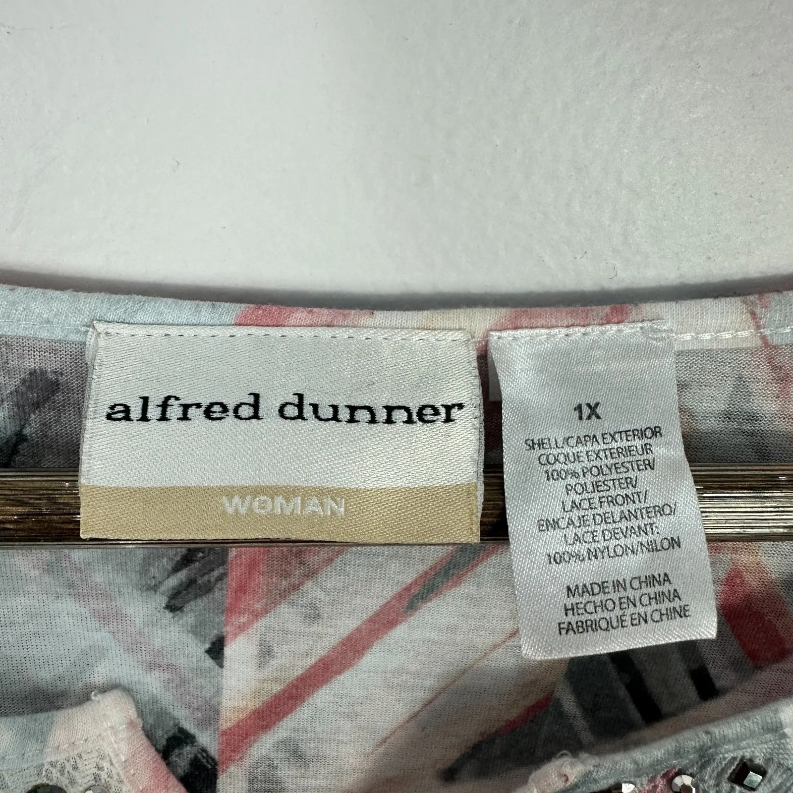 Alfred Dunner Top 1X Pink Gray‎ Chevron Lace Knit Short Sleeve Pastel Boho Fairy - Image 2