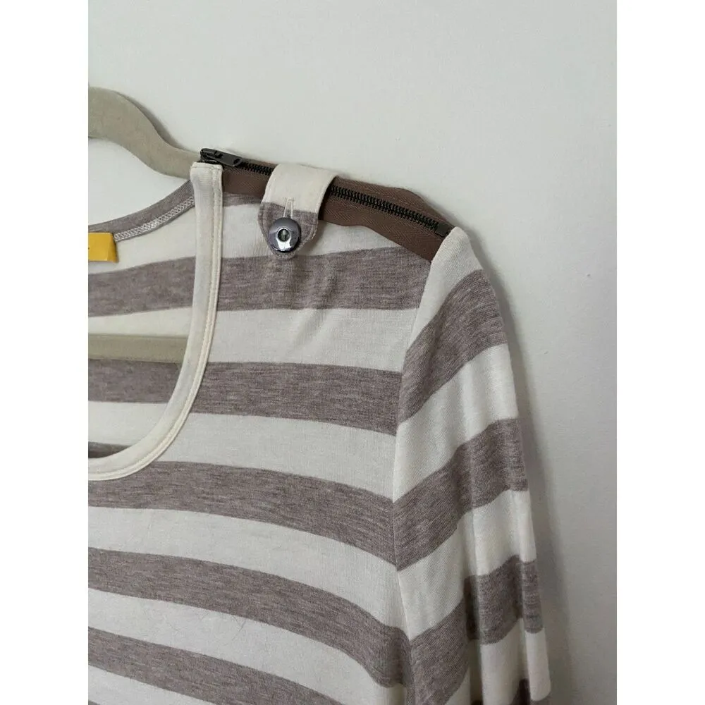 St John Striped 3/4 Sleeve Zipper Detail Scoop Neck T Shirt Top Soft Stretchy L - Image 9