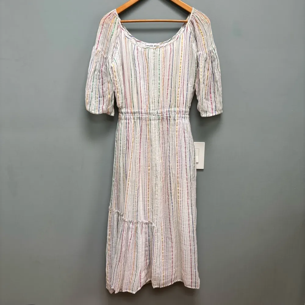 APIECE APART Short Sleeve Midi Dress in White / Metallic Stripes 0 - Image 2