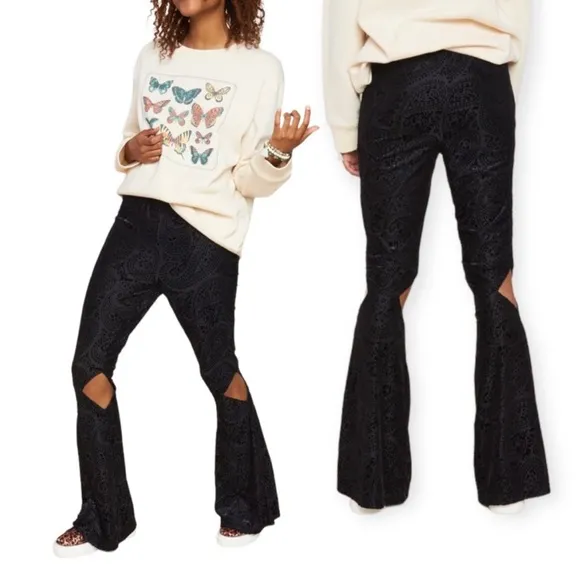 NWT Earthbound Trading Co Womens Pants Black Cut Out Knee Velvet Flare Size XXL - Image 2