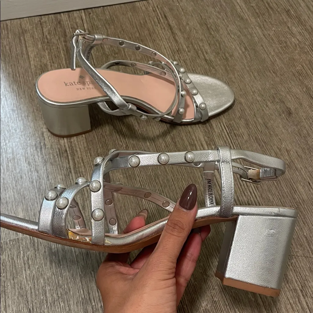 Kate Spade New York Silver Pearl-Studded Block Heel Wynne Sandals – Size 8M - Image 10