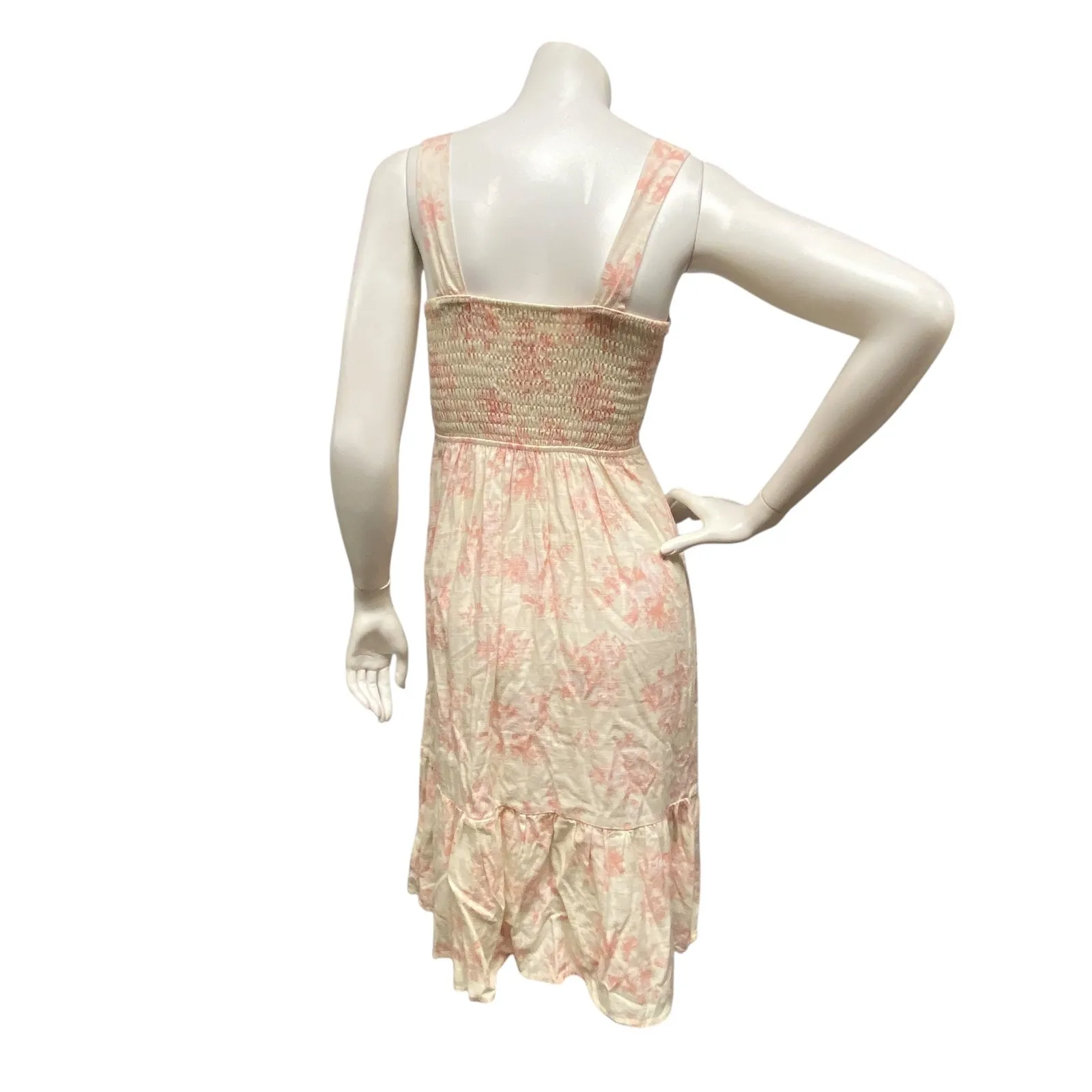 Linen Blend Small Floral Square Neck Smocked Back Tiered Midi Dress Resort wear Pink - Image 4