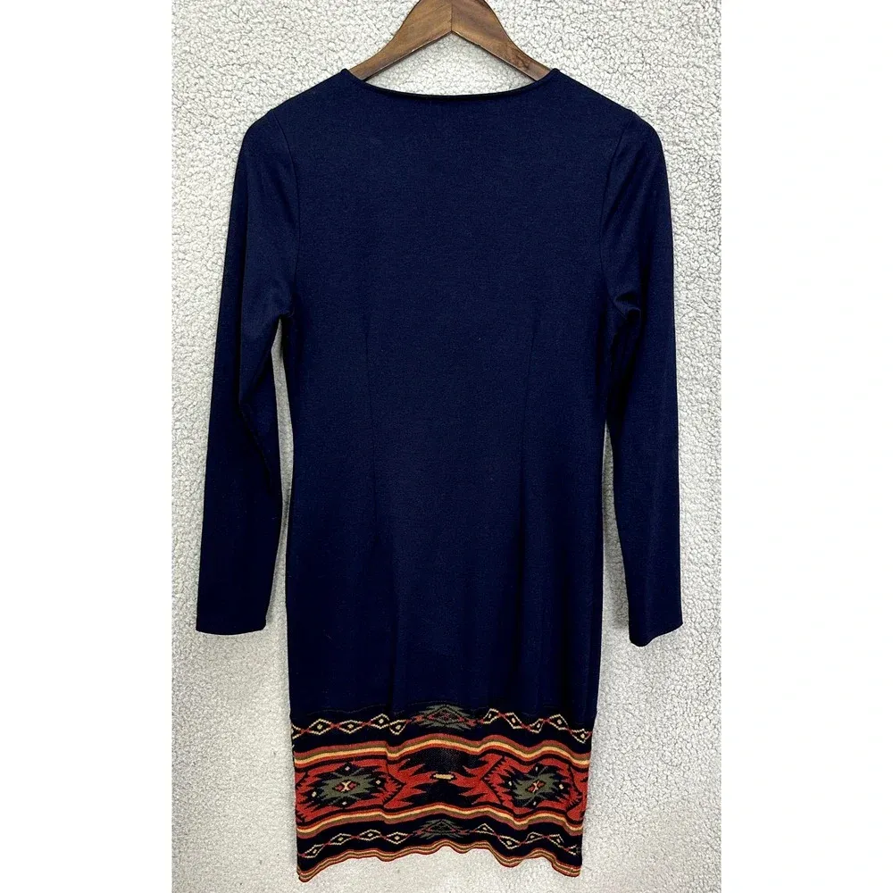 Boston Proper Sheath Dress Womens 4 Blue Aztec Southwestern Long Sleeve Boho - Image 3
