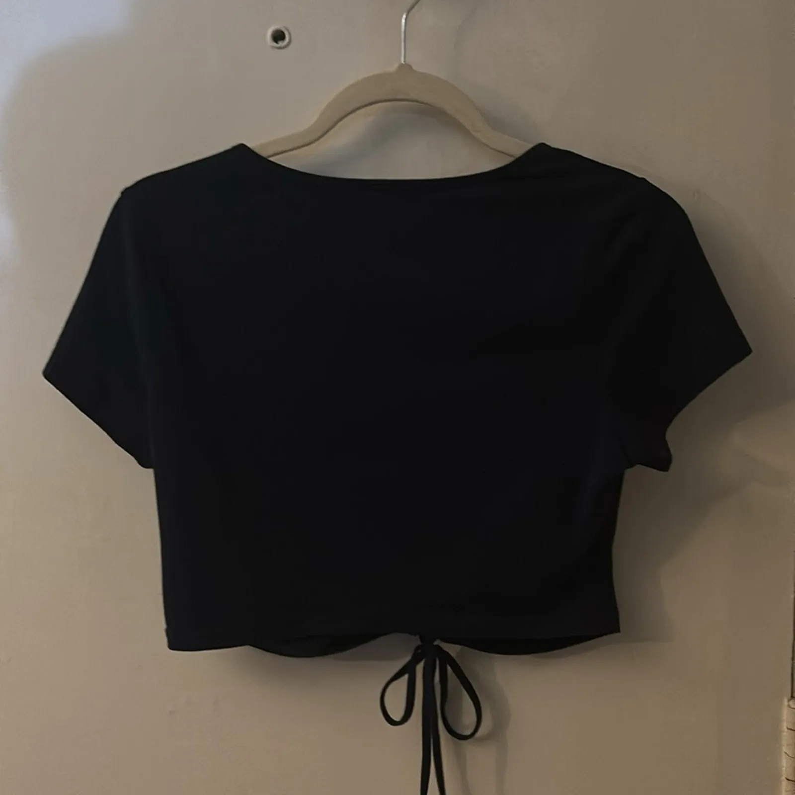 SHEIN Navy Shirred Tie Front Crop Top L Casual Boho Costal Cowgirl Festival - Image 4