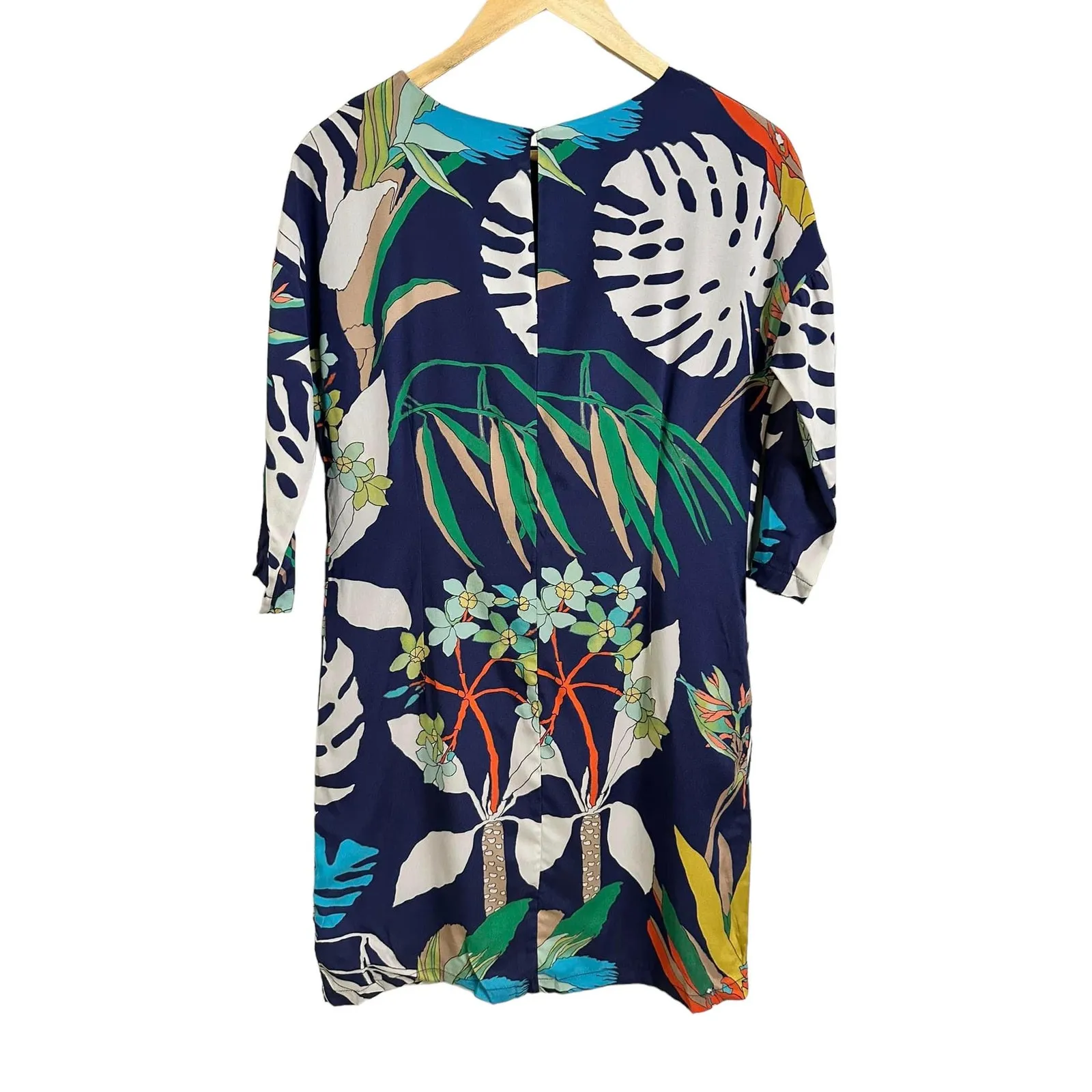 Vilagallo Womens Silk Floral Print 3/4‎ Sleeve Boho Shift Dress Casual Size 36 Blue - Image 5