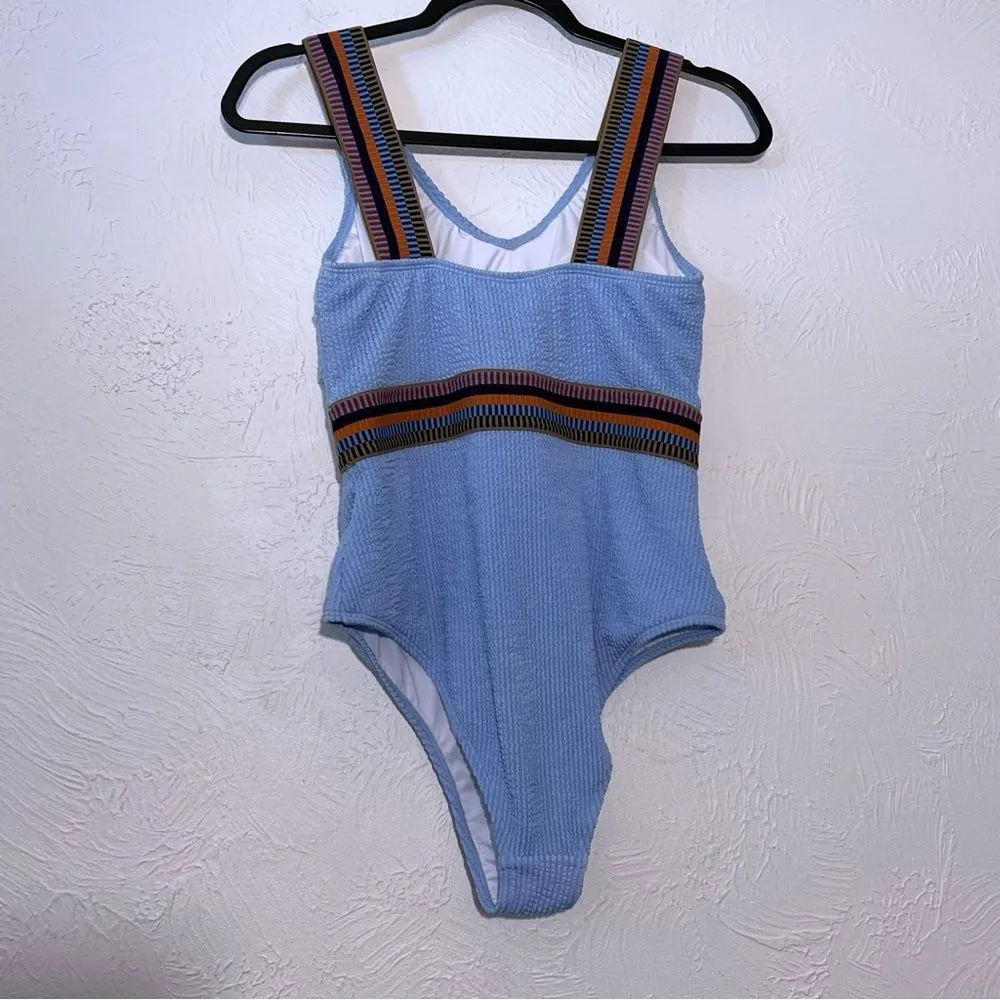 CUPSHE Swimsuit NEW Blue Textured Colorblock V-Neck One Piece  Women’s SZ M - Image 6