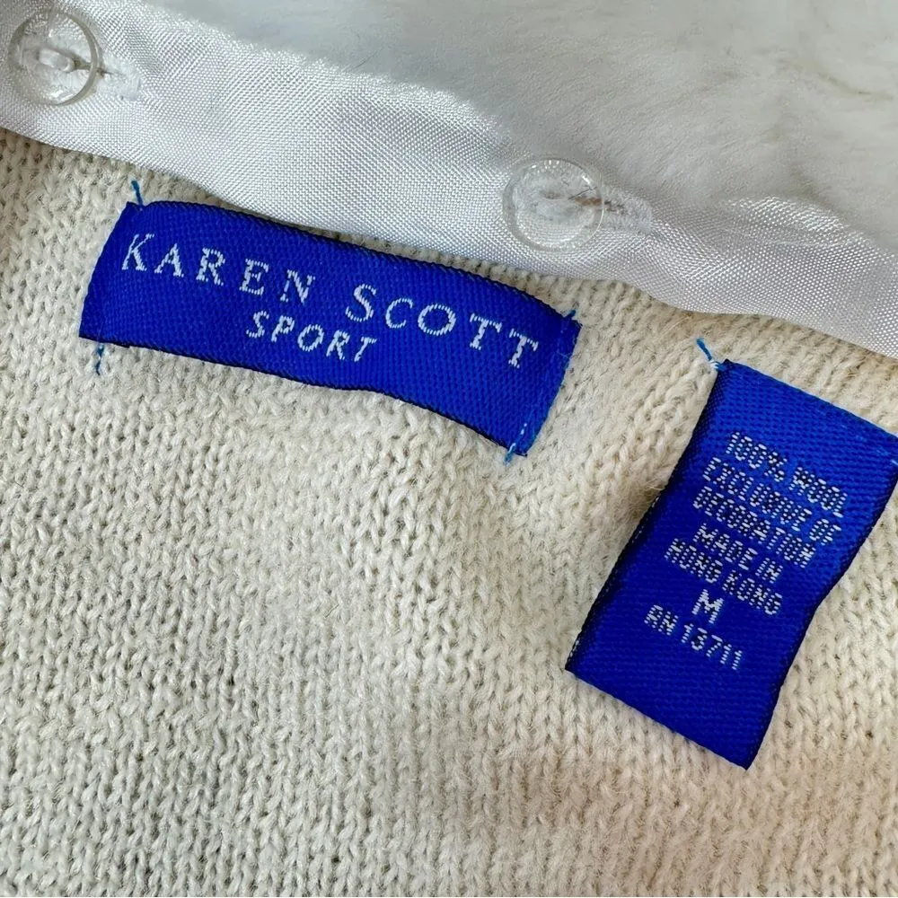 Karen Scott Vintage Snowflake Faux Fur Collar Wool Cardigan Sweater Cream Medium - Image 11