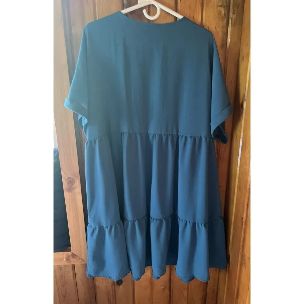 Teal Blue V-Neck Tiered Midi‎ Dress Flowy Summer Casual Boho Chic Size 1XL - Image 2