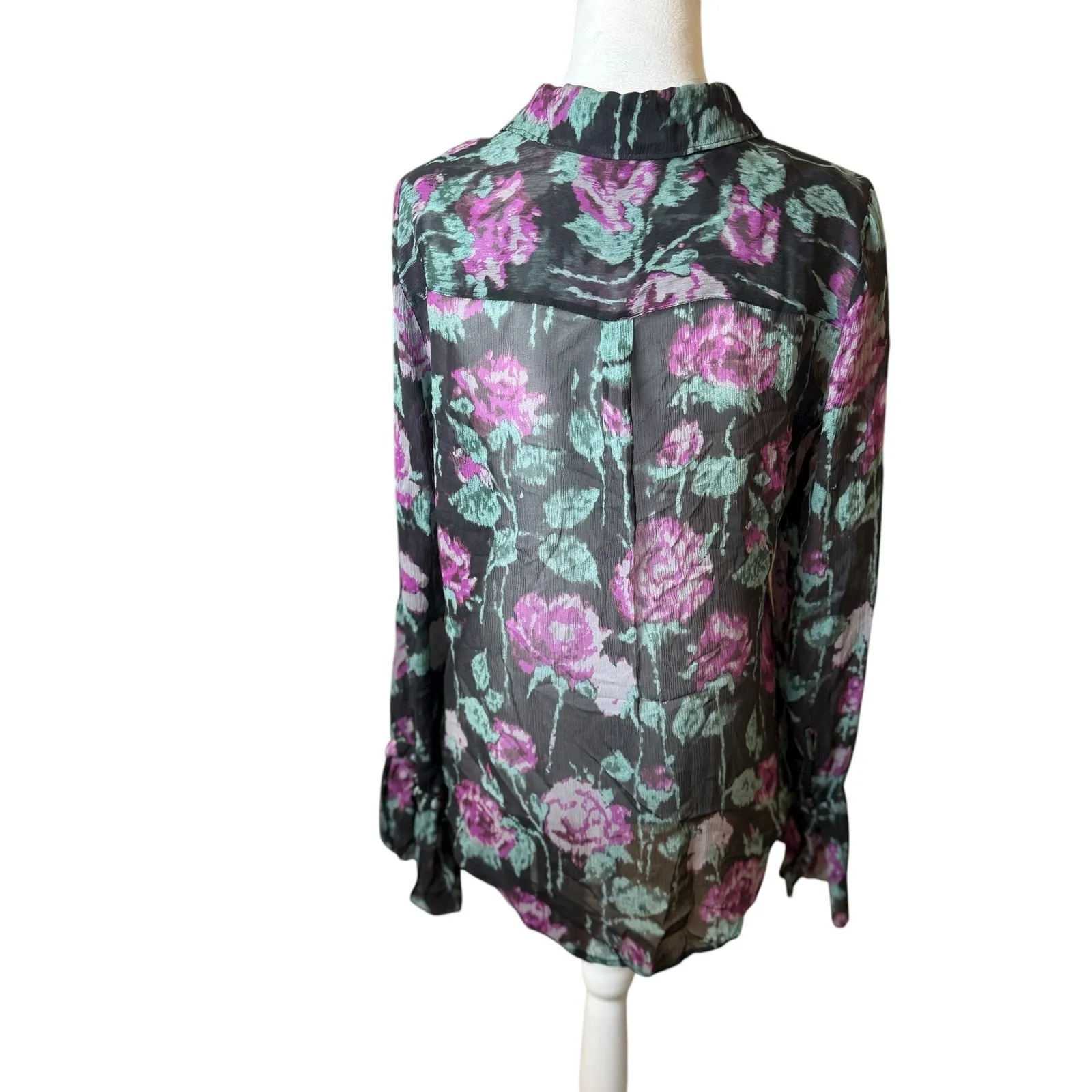Paige Silk Black Pink Floral Sheer Blouse‎ Small Whimsigoth Dark Romantic Fairy - Image 5