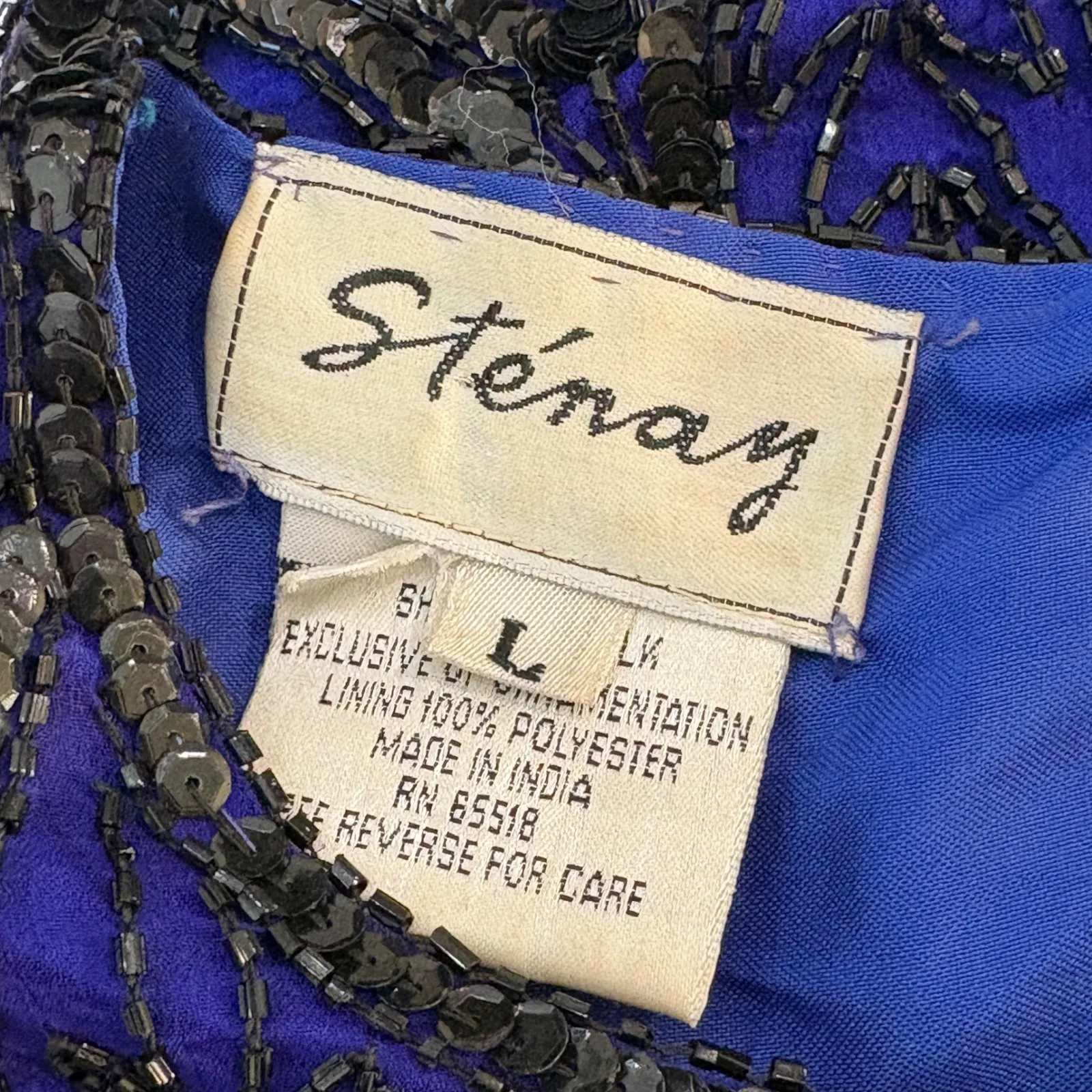 Vintage Stenay Silk Beaded Blouse Royal Blue Black Cocktail Glam Size Large - Image 6