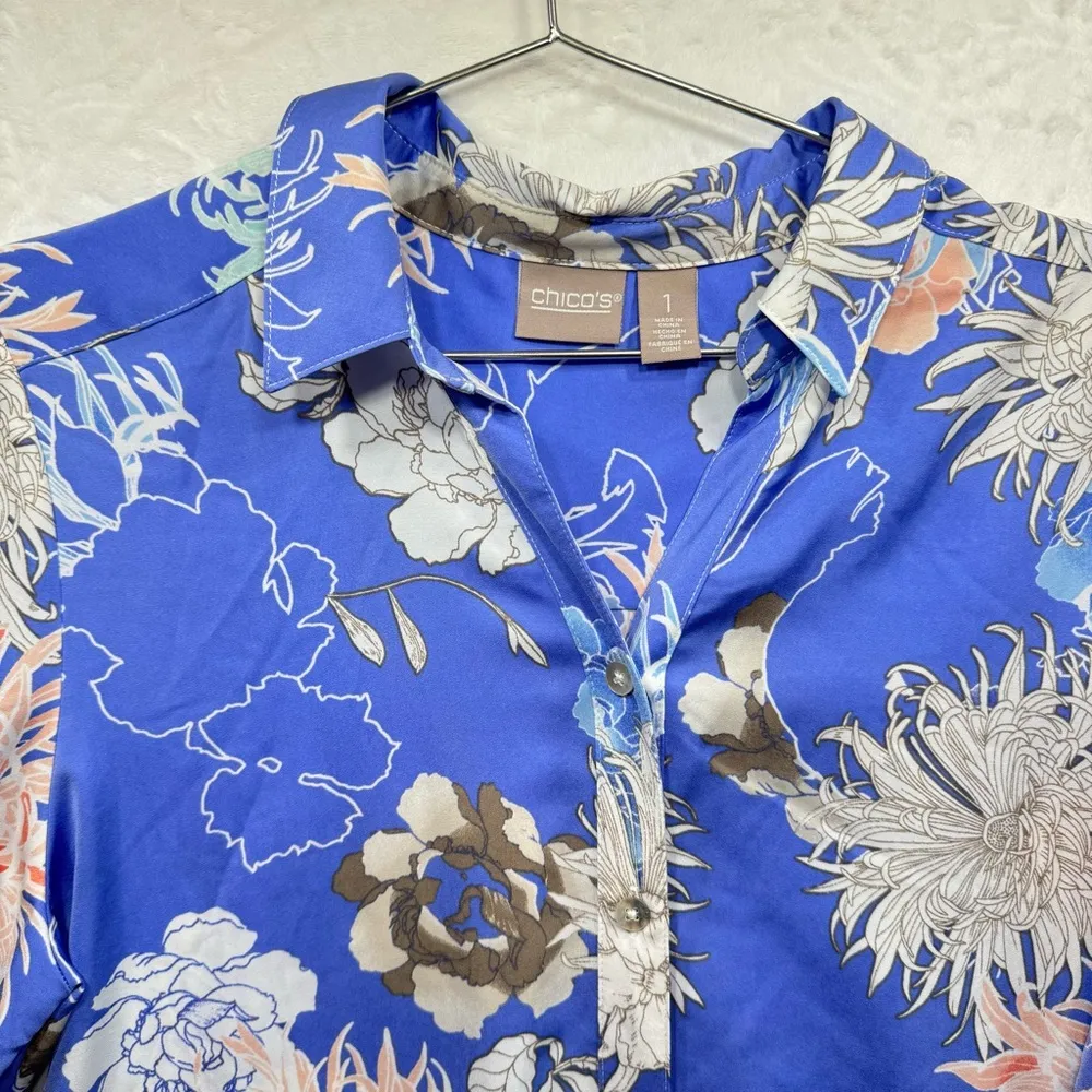 Chico’s Cobalt Blue Floral Button Front Blouse V Neck Roll Up Long Sleeves 1/M - Image 4