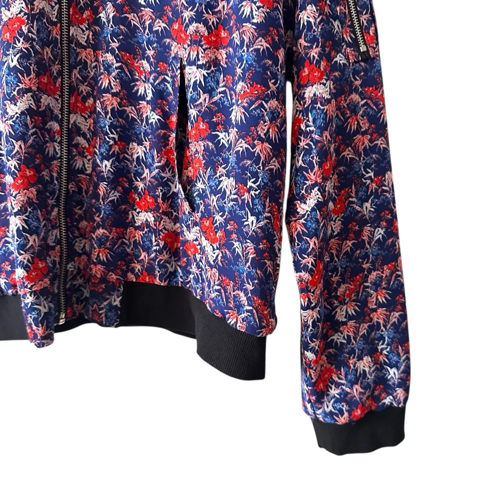 Sanctuary Floral Print Bomber Jacket Zip Front Size L Blue Red Black - Image 4