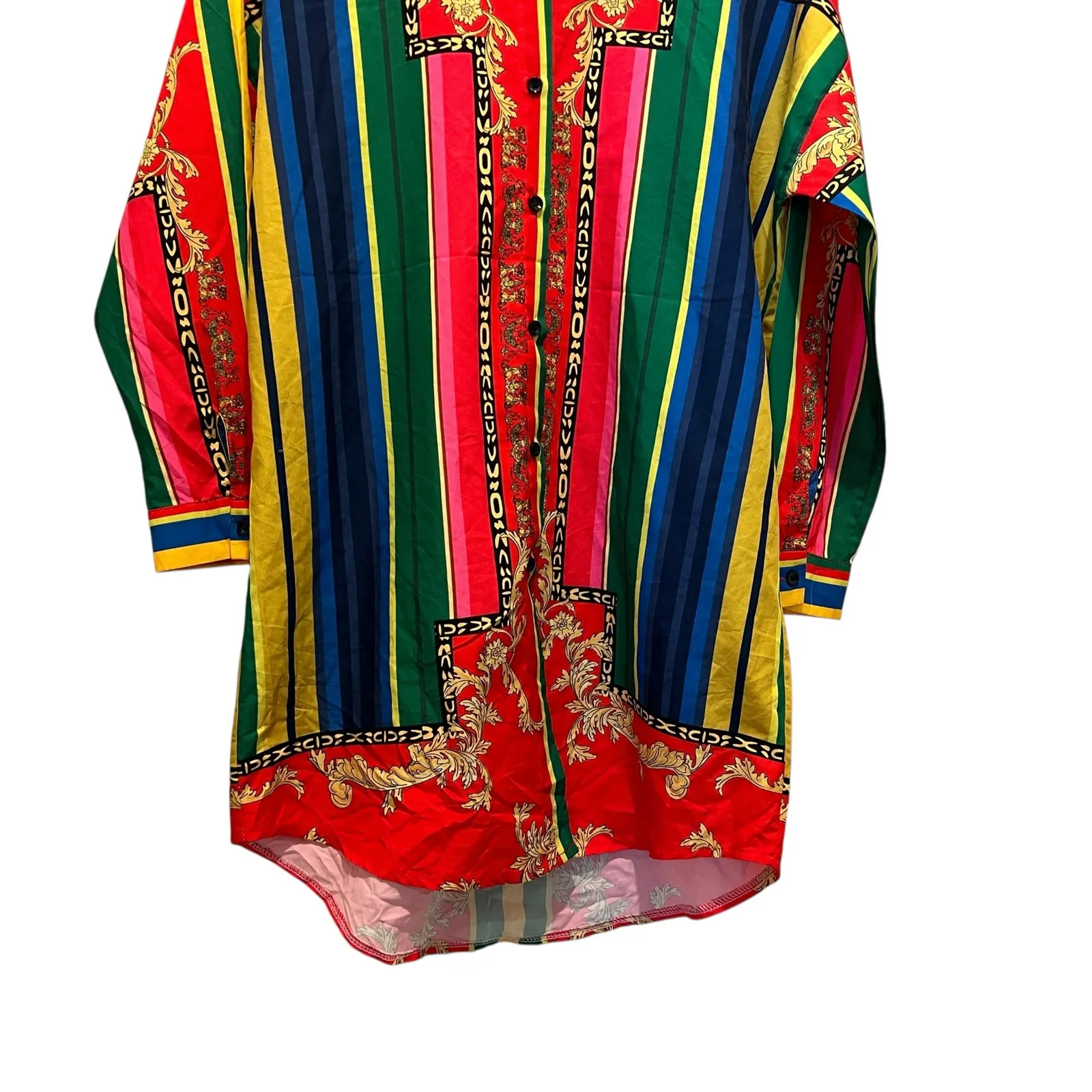 Red Striped Button Up Dress Colorful Sz XL Long Sleeve Preppy - Image 3