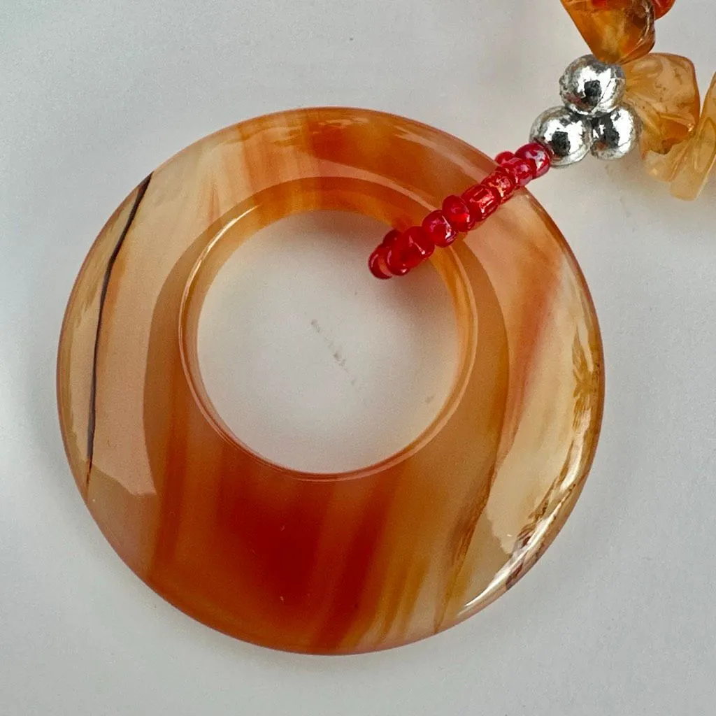 Carnelian & Agate Gemstone Chip Necklace with Banded Agate Donut Pendant Orange - Image 5