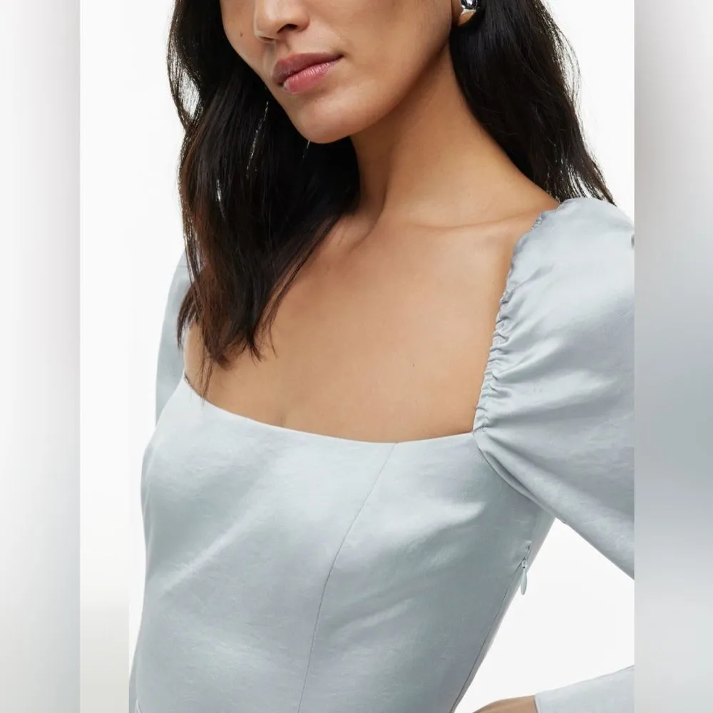 Aritzia Wilfred Bridgerton Satin Blue Square Neck Long Sleeve Slit Midi Dress 0 - Image 4