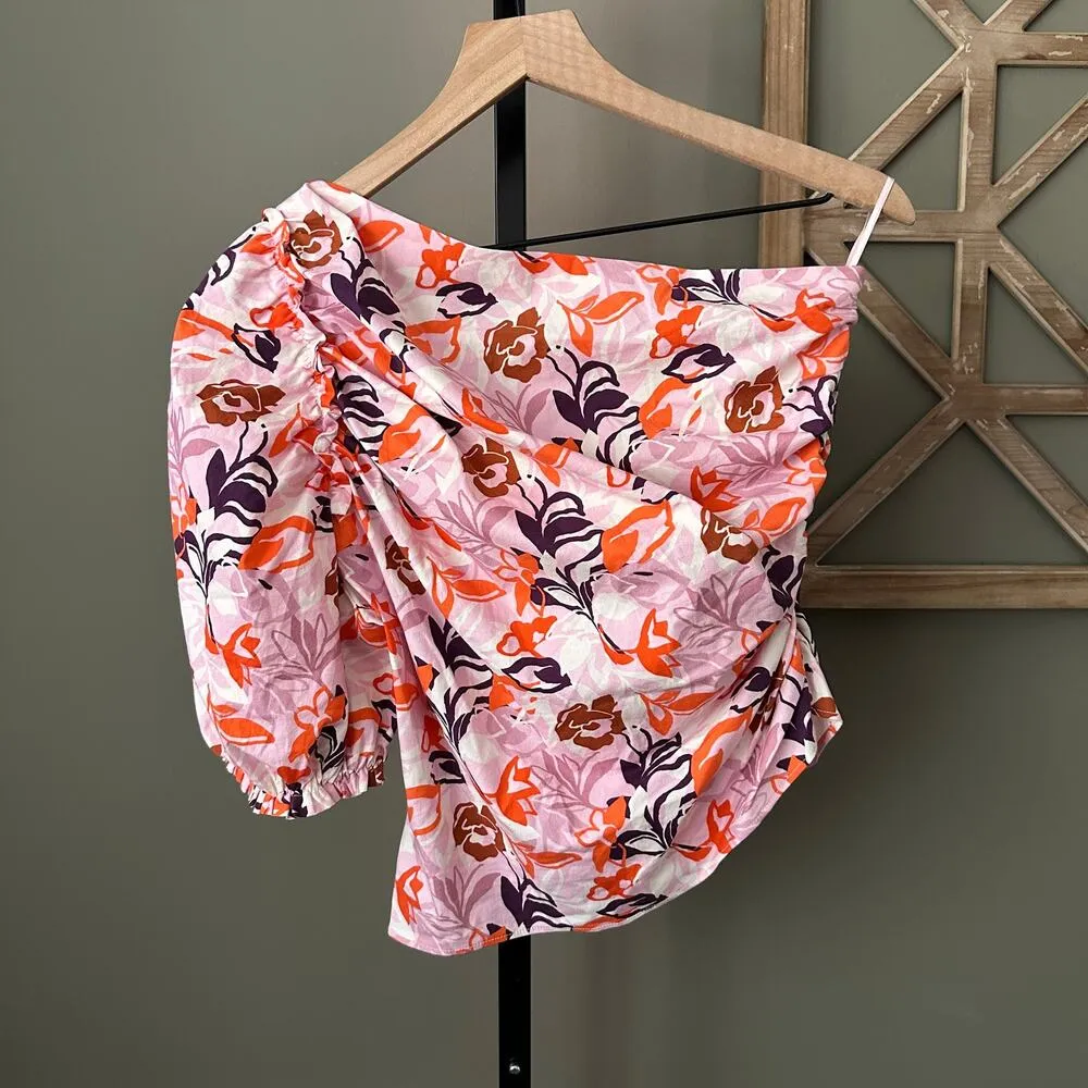 Anthropologie Maeve Puff Sleeve One Shoulder Blouse Floral Pink Med - Image 2