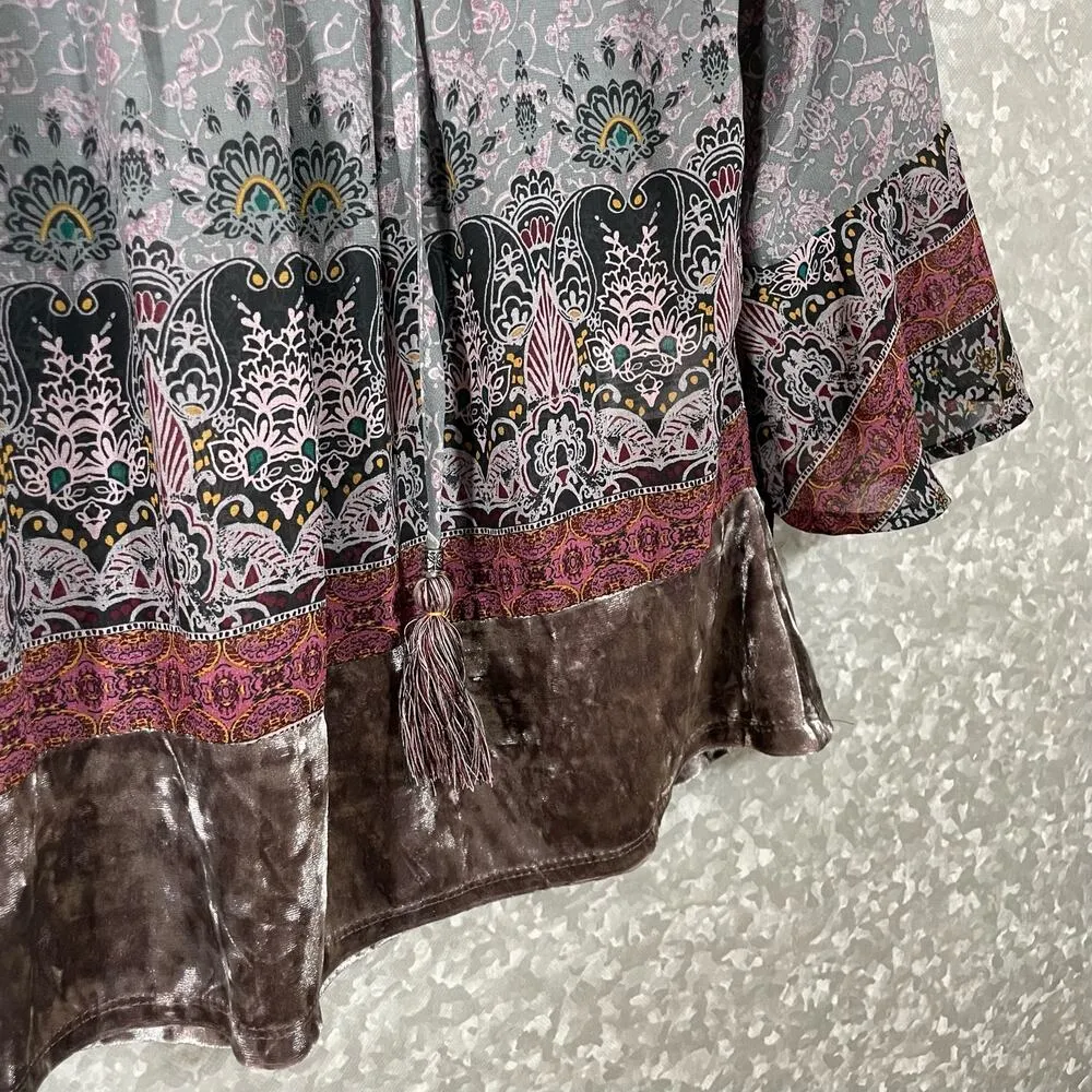 Knox Rose Women's Gray Velvet Trimmed Peasant Blouse - Size XS - Boho Chic Top - Image 3