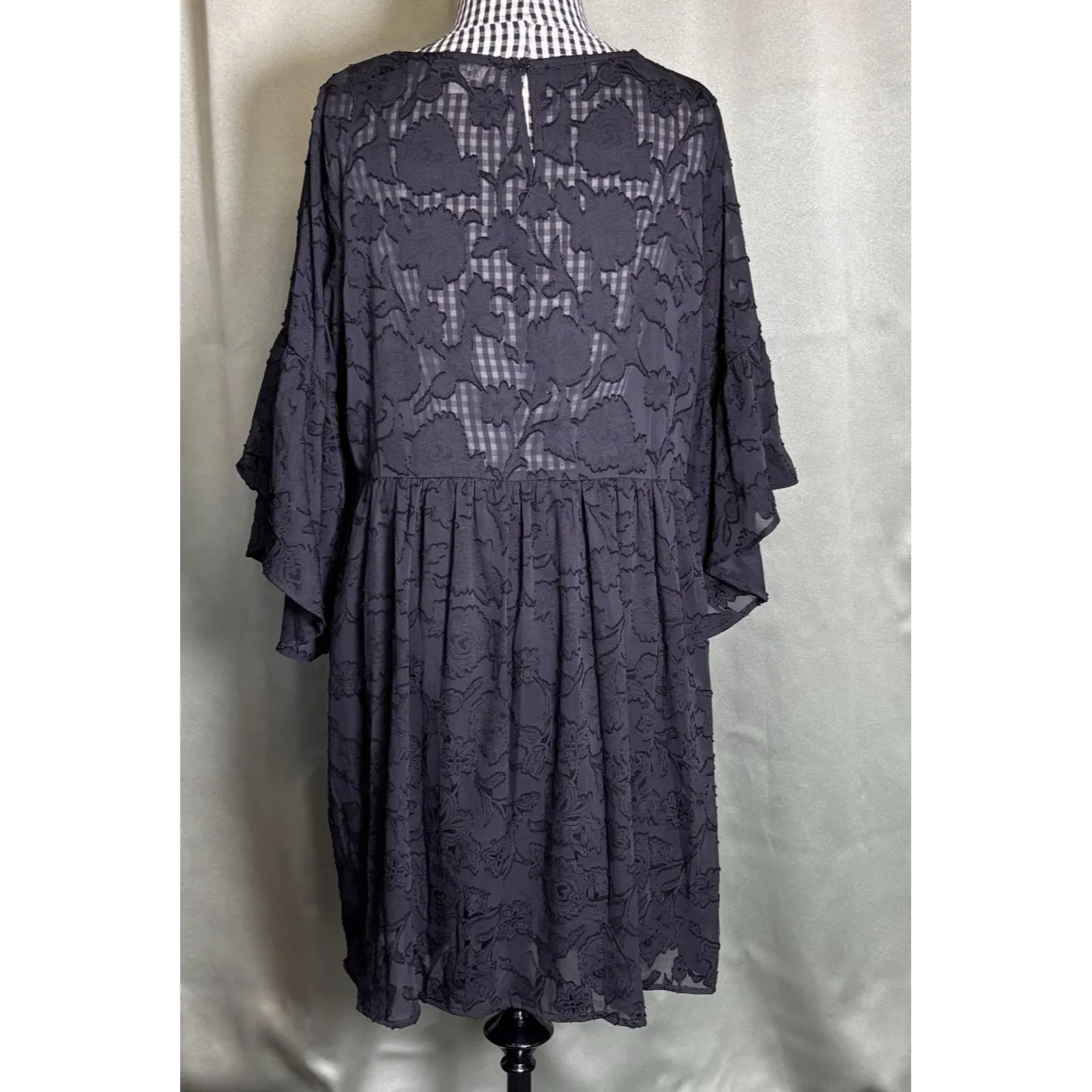 Umgee M Black Floral Burnout Sheer Lined Babydoll Dress Bell Sleeve Flowy - NEW! - Image 2