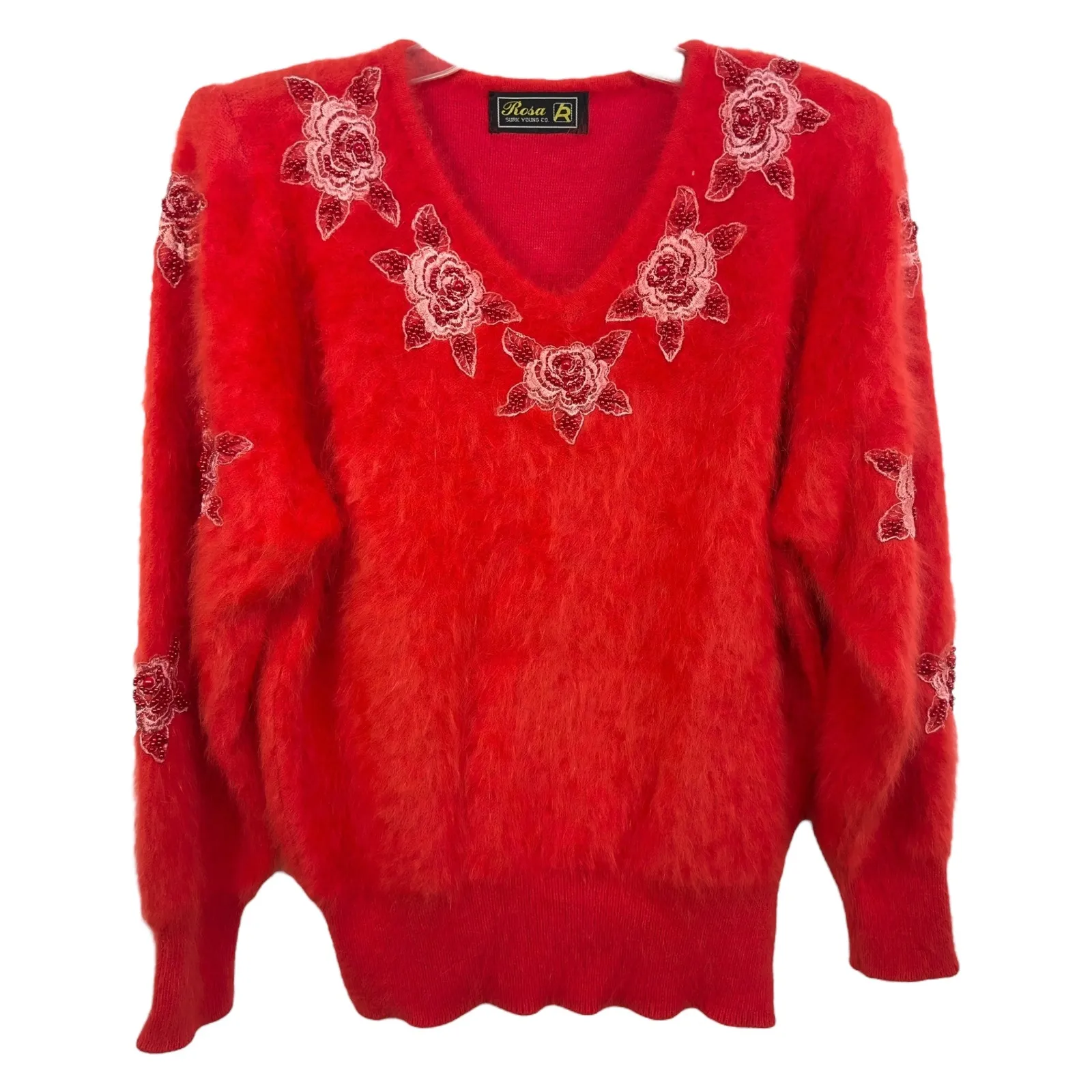 Vintage 80s Angora Sweater Red Floral Embroidered Beaded Shoulder Pads 319 Size L - Image 2