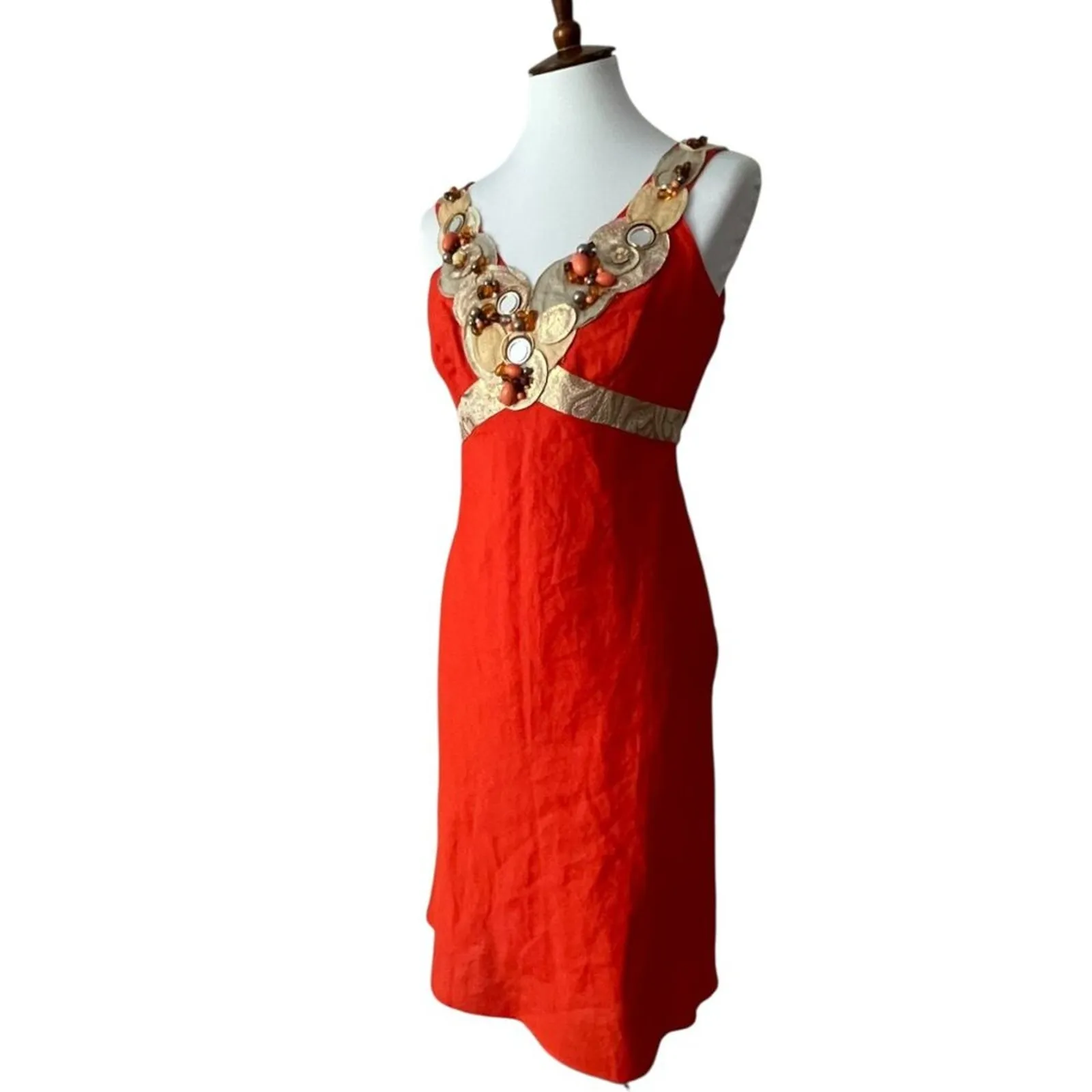 Vintage Medium Dress Y2K Cocktail Paris Beaded Linen Large Rene Derhy RARE Boho Orange - Image 7
