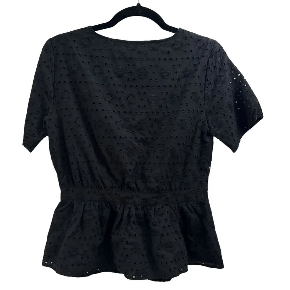 Ann Taylor Factory Black Eyelet Peplum Hem Button Down Blouse - Image 3