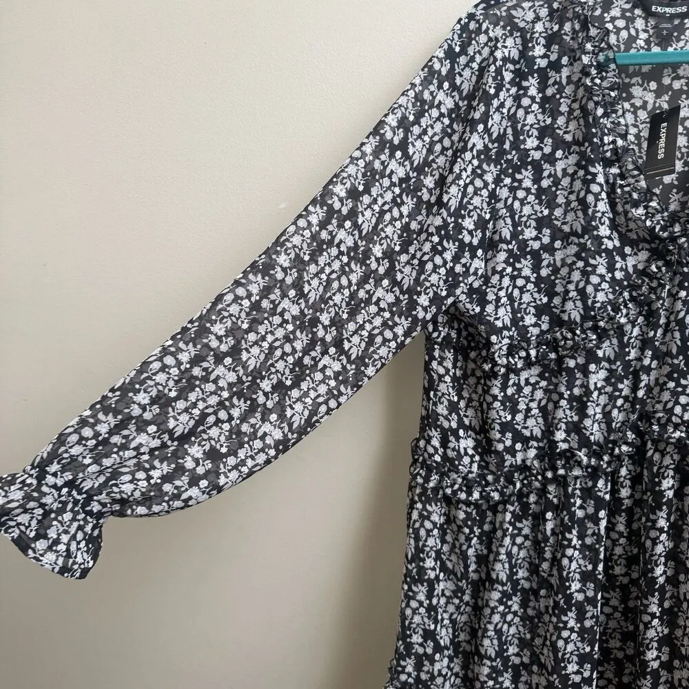 EXPRESS NWT semi Sheer Dress Long Sleeve Black & Gray Ruffly Size Large - Image 4