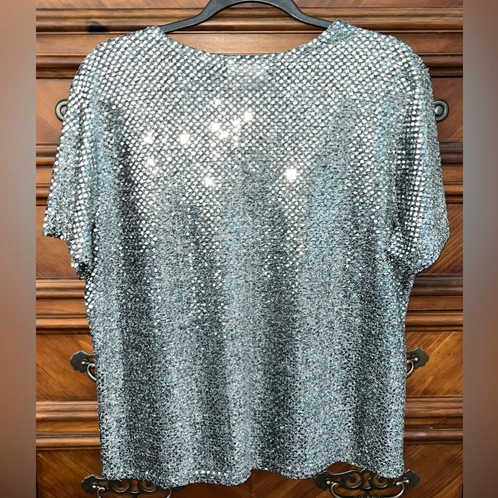 Vintage 80s Kathie Lee Sequin Silver Disco Dots Panne Top 24” P2P Size XL - Image 2
