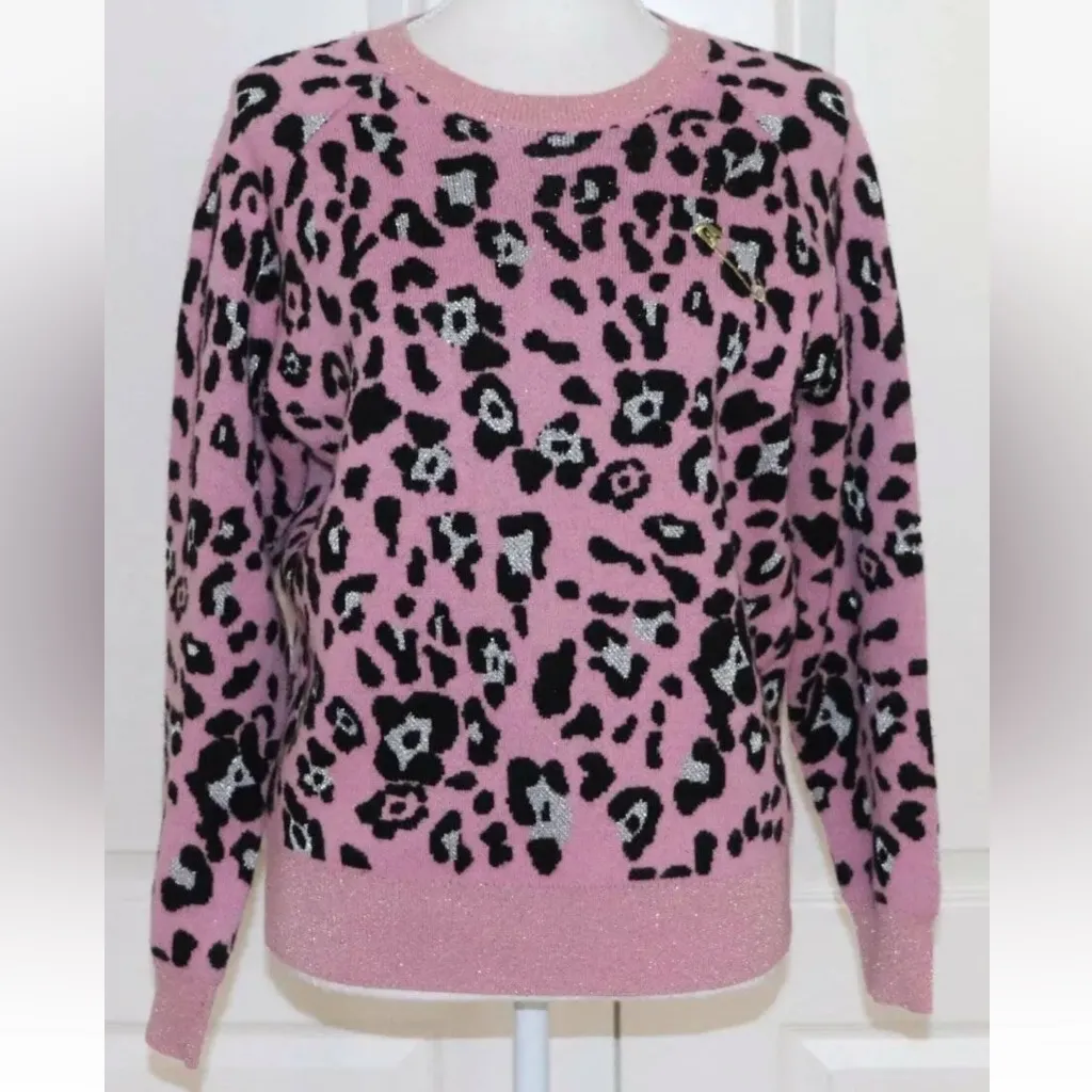 NWT REPLICA Los Angeles Pink Peony Leopard Metallic Sweater Cashmere Wool Small - Image 2