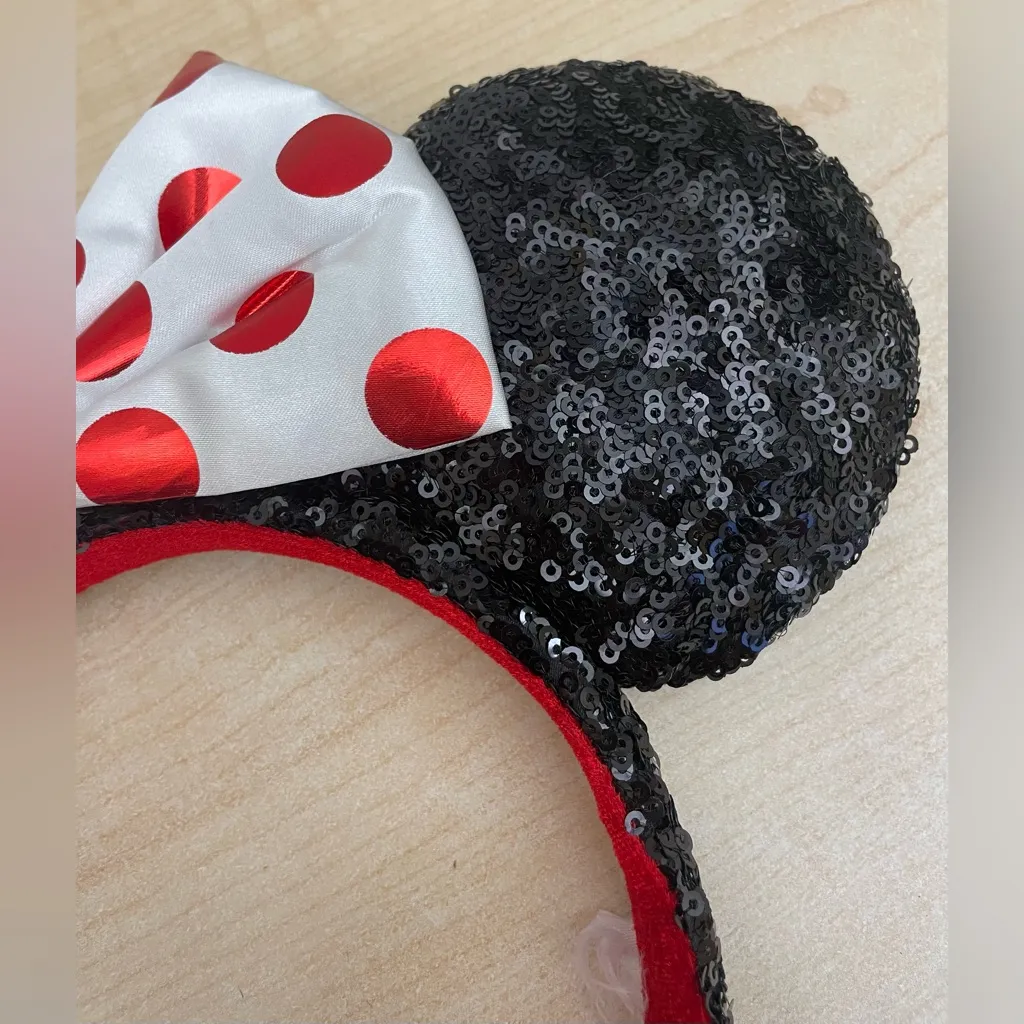 Disney  Parks Minnie Mouse Sequence Ears Red White Polka Dot Satin Bow Mickey - Image 3