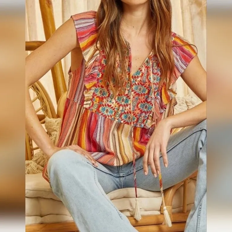 Savanna Jane Daria Aztec Embroidered Colorful Striped Woven Top Size Large Pink - Image 2