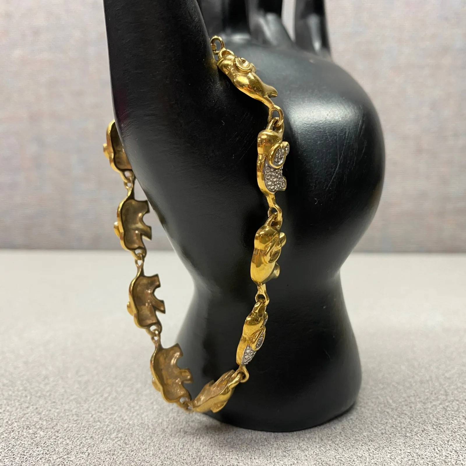 Gold Tone Elephant Link Bracelet Pave Crystal Accents Safari - Image 8