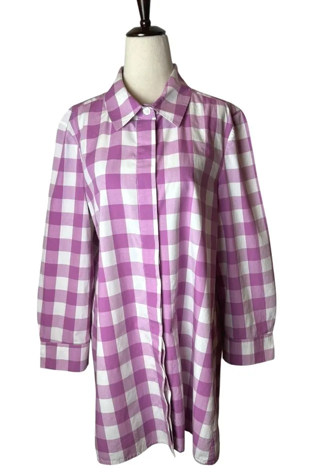 Tyler Boe Shirt Women Medium Purple White Gingham Long Sleeve Button Down Tunic - Image 1