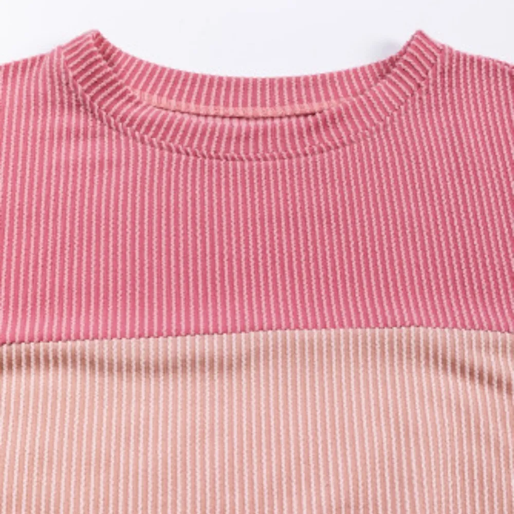 NEW Pink and Tan Color Block Corduroy Look Ribbed Oversized Top Size M - Image 9
