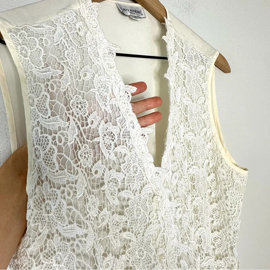 Vintage 90s Ivory Lace Vest Sz L (14) Button Sheer Tie Back Grandma Cottage Soft - Image 4