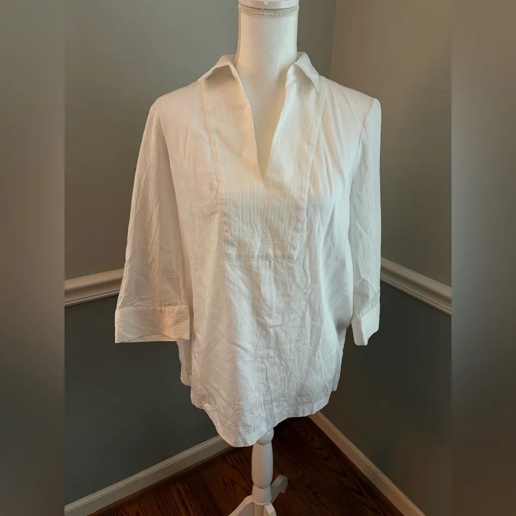 Trina Turk Isle White Cotton 3/4 Sleeve Tunic Blouse Size M | NWOT | Split Neck - Image 2