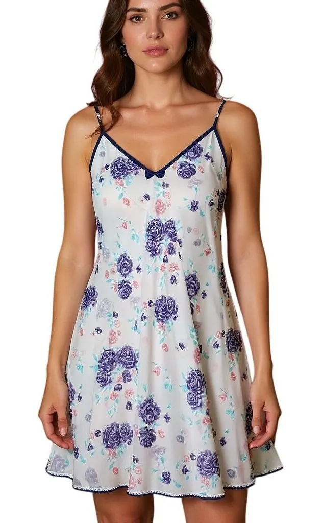 Fredericks of Hollywood Vintage Sheer Floral Nightgown Slip L Purple Trim Bows White Size L - Image 1