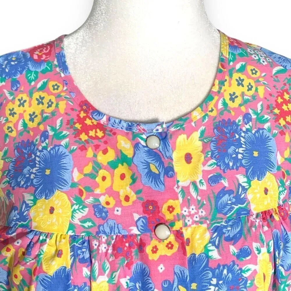Vintage 80s Midi Dress Colorful Liberty Floral Snap Front Cap Sleeve Pink Blue Size M - Image 4