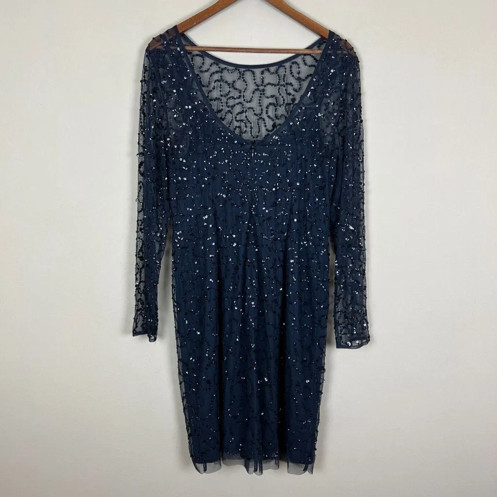 Papell Boutique Dress 16 Navy Blue Sequin Sheath Sheer Long Sleeve‎ Cocktail Zip - Image 6
