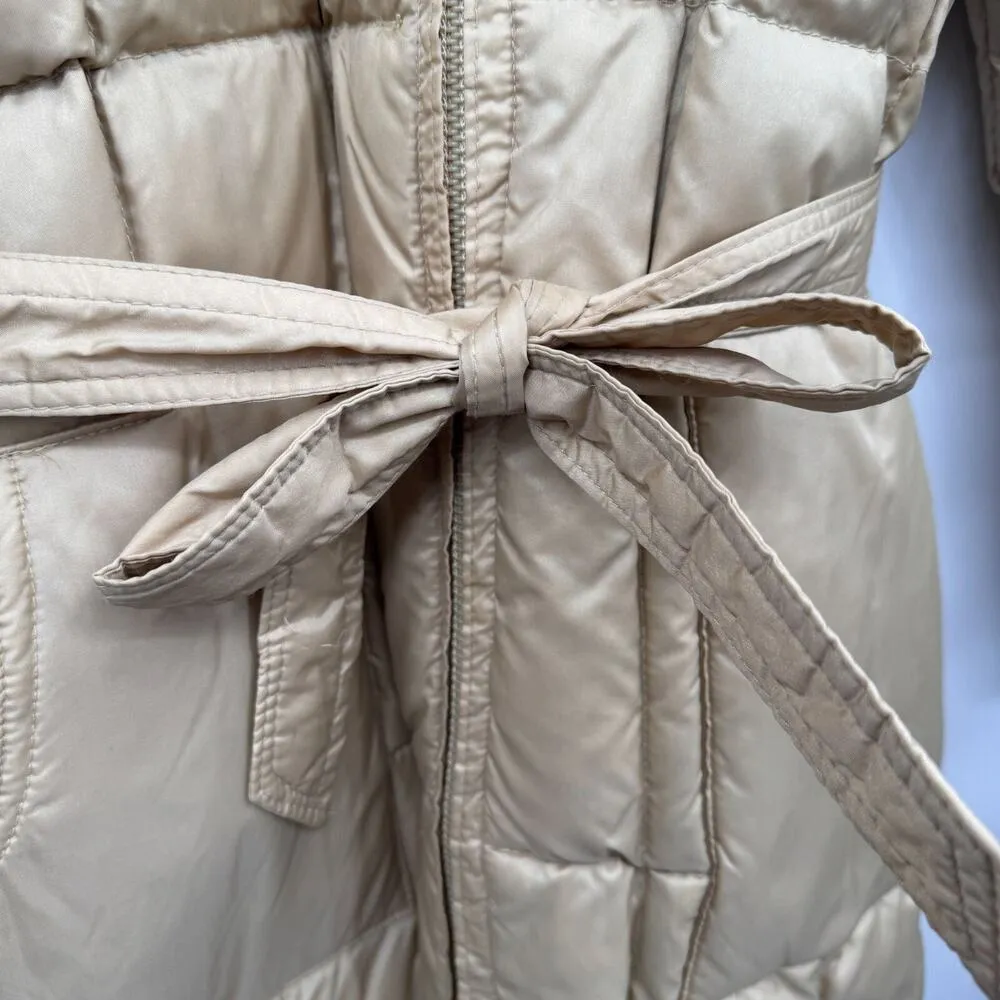 Vintage Down & Feather Outerwear Jacket Womens Large Tan Quilted Nylon Hood Belt Brown - Image 5
