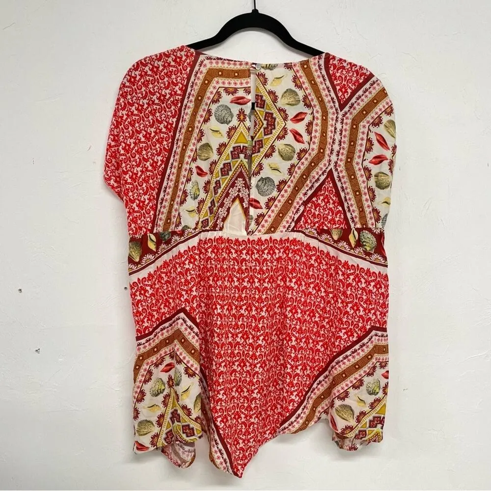 Farm Rio Red & Tan Seashell Print Handkerchief Blouse Womens S Top Boho Shirt - Image 11