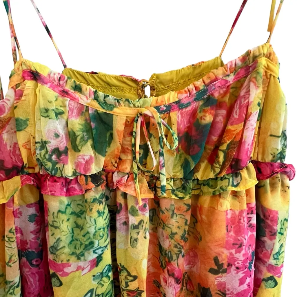 Y2K Womens Floral Babydoll Dress Size XS Bloomcore Fairy Flowy Summer Romantic Yellow - Image 2