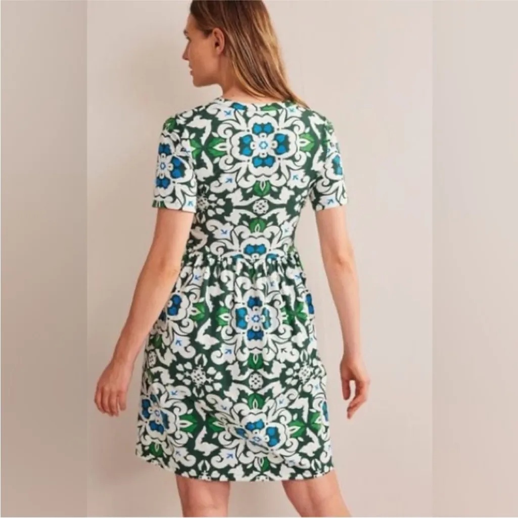 Boden Easy Notch Neck Jersey Dress 100% Cotton Green Blue Floral Size 4 - Image 2