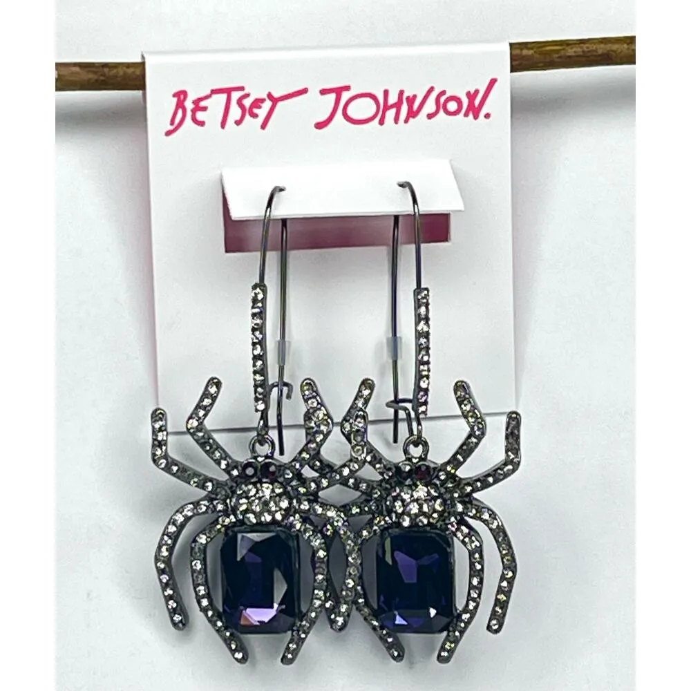 Betsey Johnson Purple Gem SPIDER Dangle Drop EARRINGS Crystal Glass Halloween - Image 3