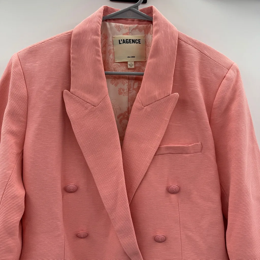 L'agence Kenzie Rose Pink Double‎ Breasted Textured Classic Blazer Sz 12 - Image 4