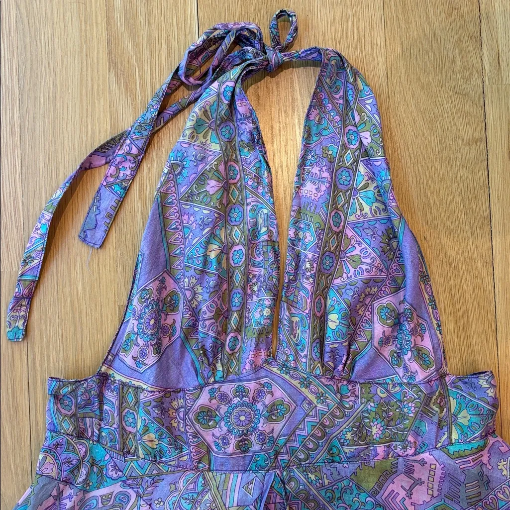 Vintage 100% Silk Dress Paisley Pastel 1970s Halter One Size - Image 2