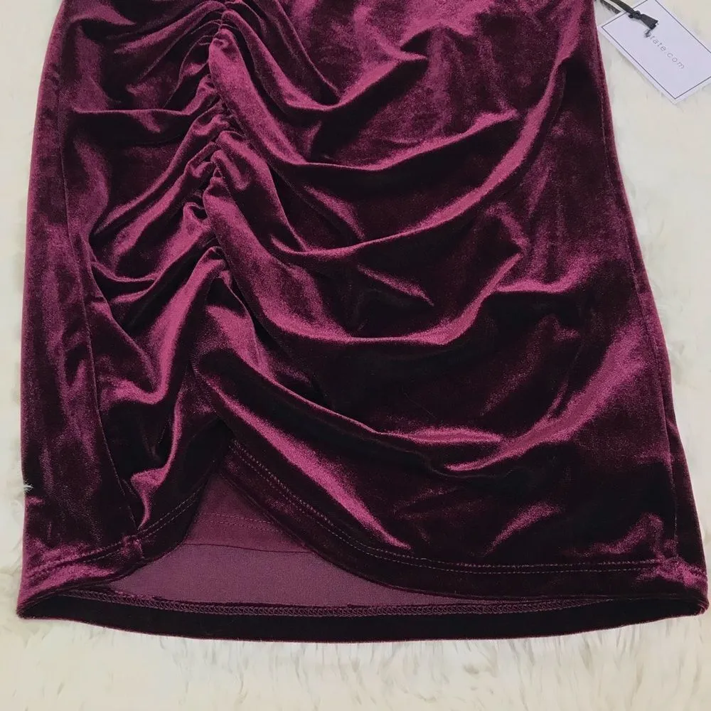 1. STATE Burgundy‎ Velvet Mini Skirt Pencil Ruched Red Purple Size XS Large New - Image 8