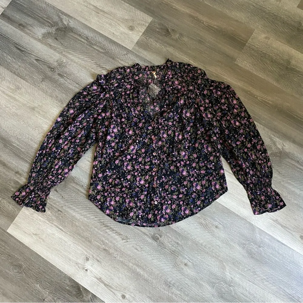 Free People Blouse Dark Floral NEW Black Purple Green Small - Image 3