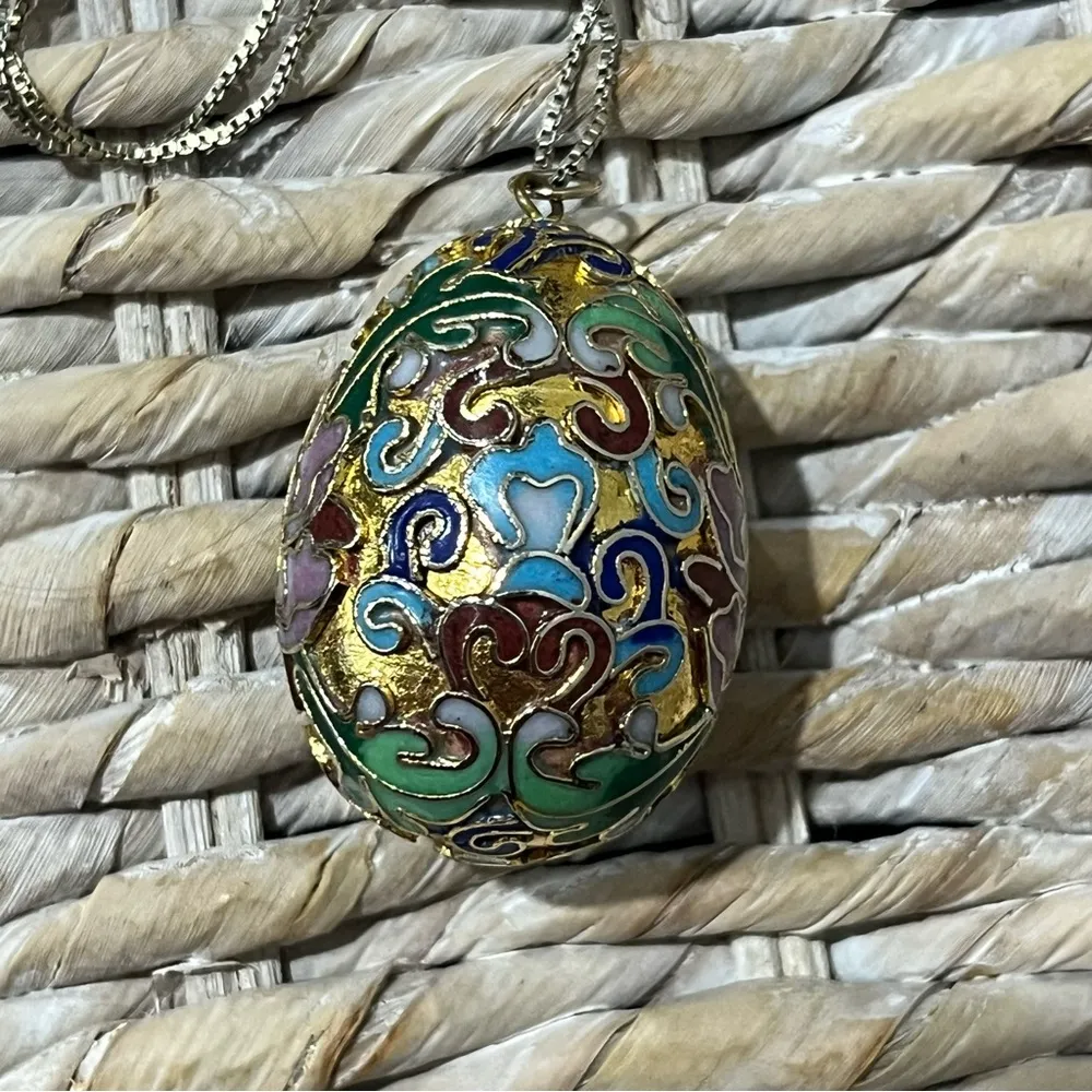 GOLD FLLD CHINESE CLOISONNÉ ENAMEL EGG FLWR PENDANT 925 CHAIN NECKLACE Italy VTG - Image 6